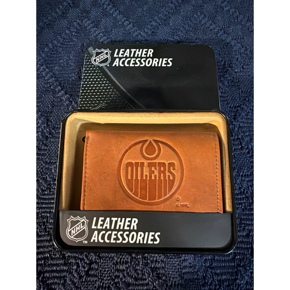 NHL Edmonton Oilers Brown Leather Trifold Wallet in Gift Tin Rico Industries